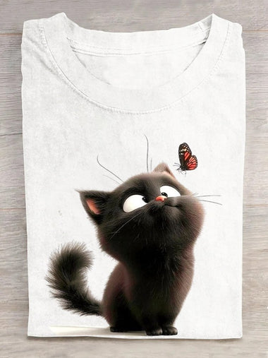 Casual Short Sleeve Crew Neck Cat Loose Regular T-Shirt