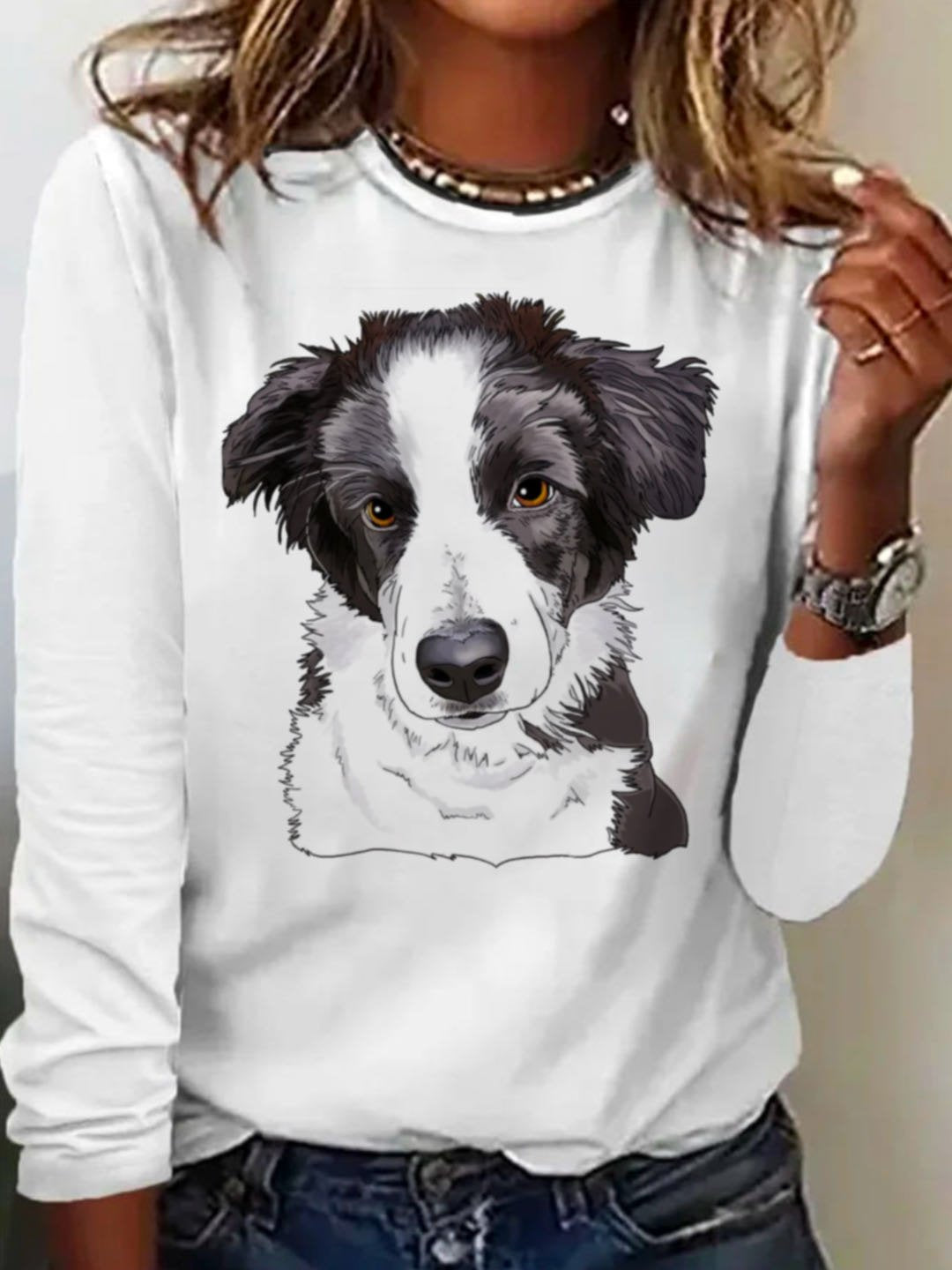 Loose Long Sleeve Crew Neck Dog Casual Regular T-Shirt