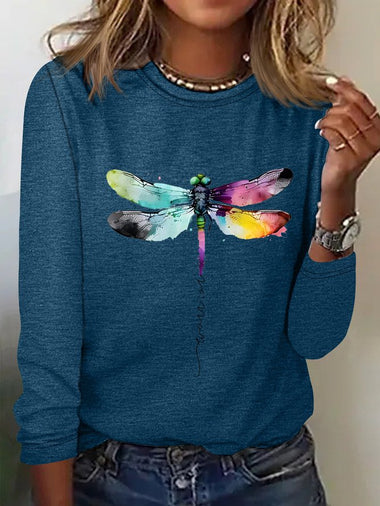 Casual Long Sleeve Crew Neck Dragonfly Loose Regular T-Shirt