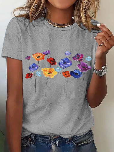 Loose Short Sleeve Crew Neck Floral Casual Regular T-Shirt
