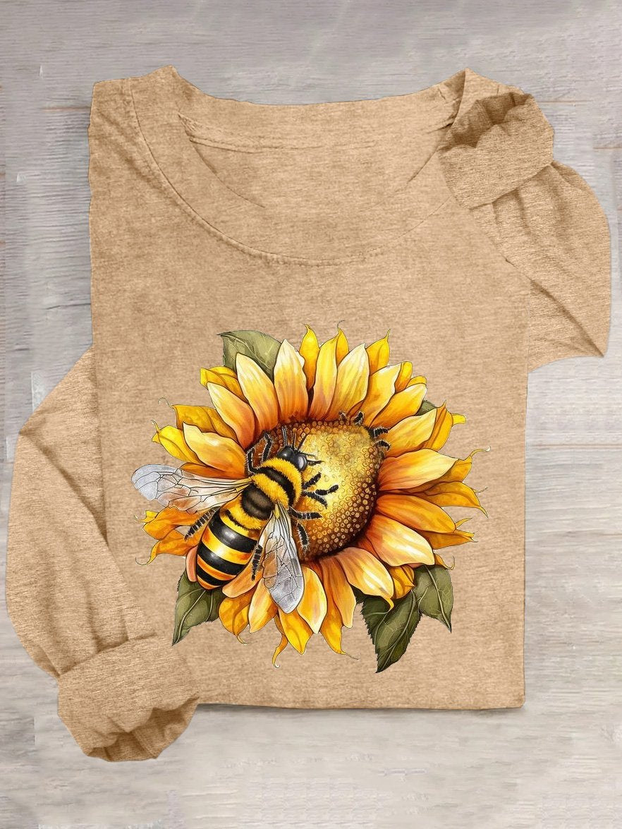 Casual Long Sleeve Crew Neck Sunflower Loose Regular T-Shirt