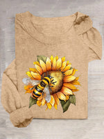 Casual Long Sleeve Crew Neck Sunflower Loose Regular T-Shirt