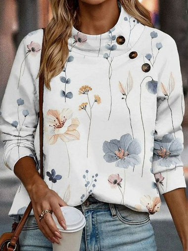 Casual Long Sleeve Stand Collar Floral Loose Regular Sweater