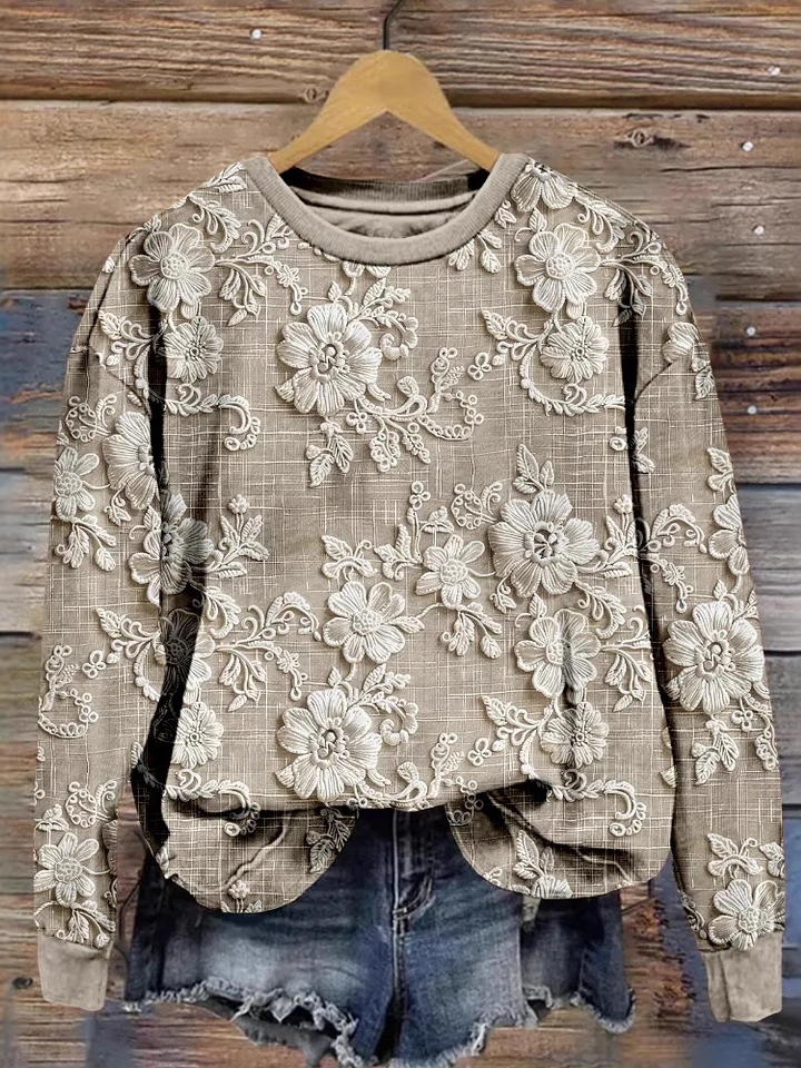 Loose Long Sleeve Crew Neck Ethnic Floral Casual Regular Sweatshirt