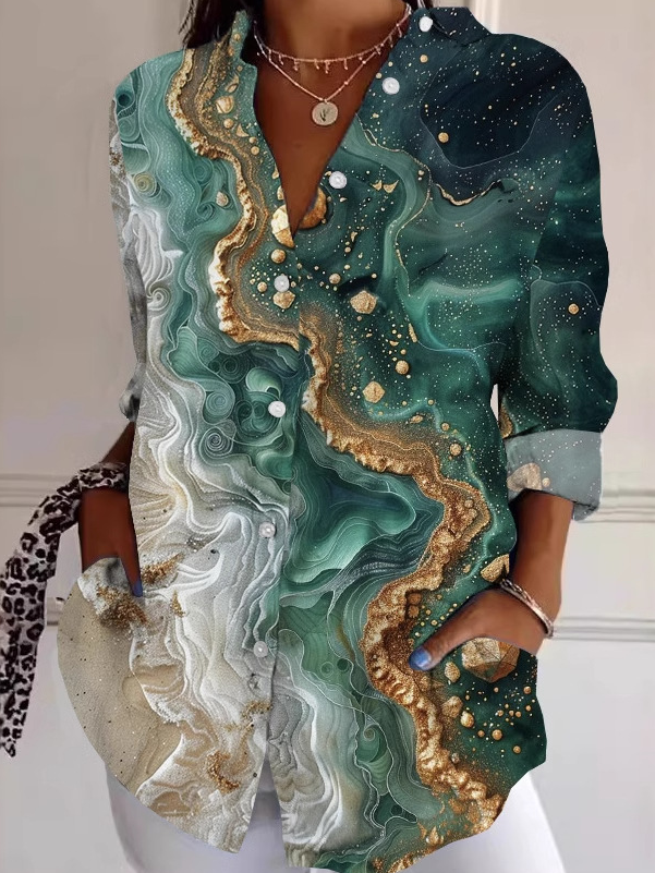 Casual Long Sleeve Shirt Collar Geometric Floral Loose Regular Shirt