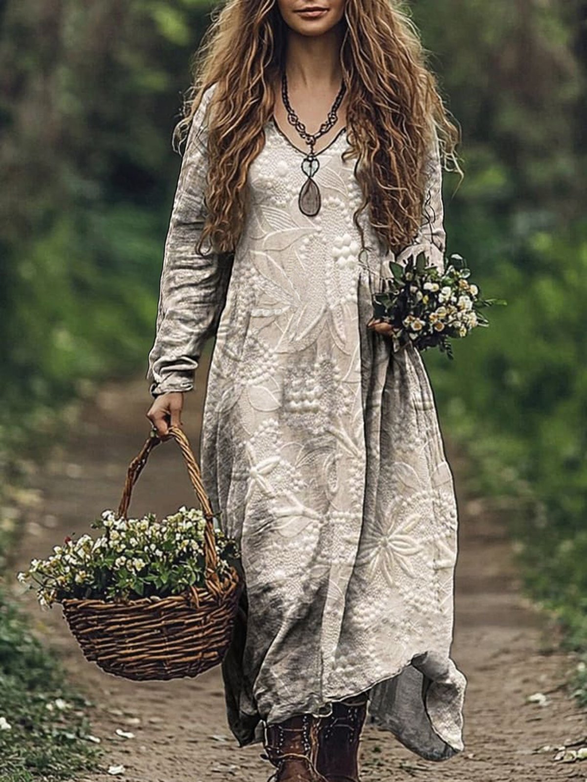 Casual Long Sleeve V Neck Floral Maxi Dress