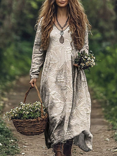 Casual Long Sleeve V Neck Floral Maxi Dress
