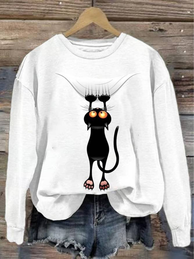 Loose Long Sleeve Crew Neck Cat Casual Regular Sweatshirt