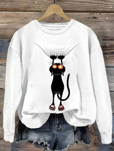 Loose Long Sleeve Crew Neck Cat Casual Regular Sweatshirt