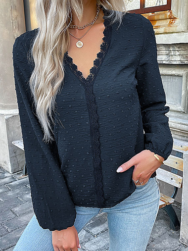Casual Long Sleeve V Neck Plain Loose Regular Blouse