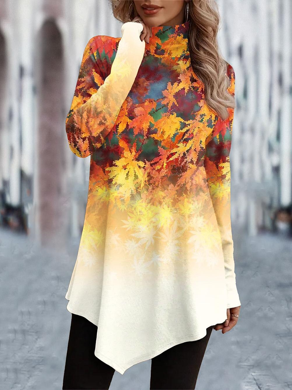 Casual Long Sleeve Turtleneck Leaf Loose Mid-Long T-Shirt