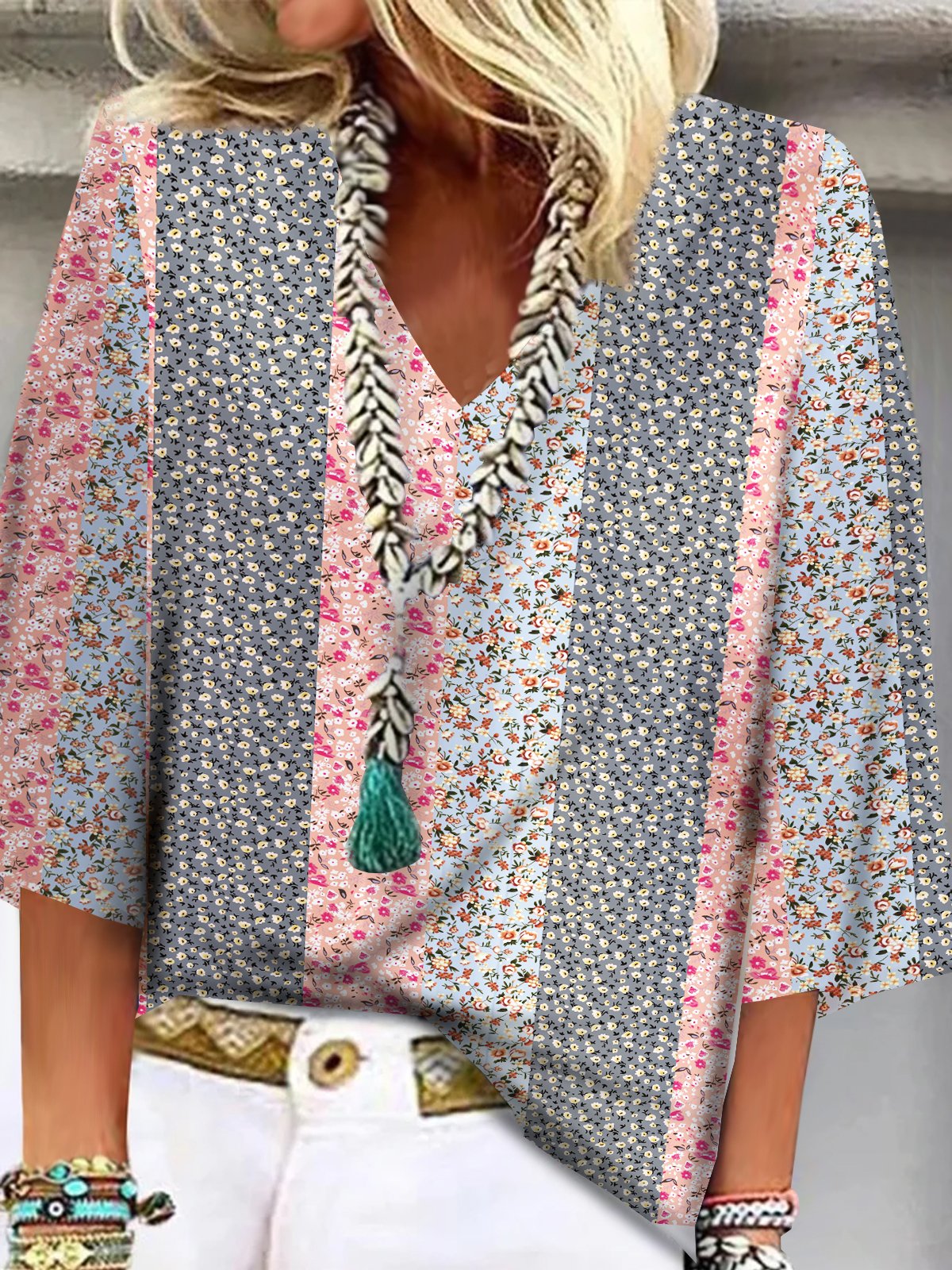 Casual Half Sleeve V Neck Floral Loose Regular Blouse