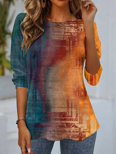 Casual Long Sleeve Crew Neck Ombre Loose Regular Blouse