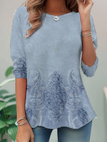 Loose Long Sleeve Crew Neck Floral Casual Regular Blouse