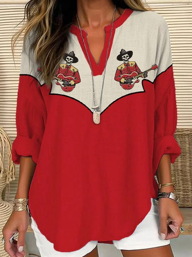 Casual Long Sleeve V Neck Color Block Loose Regular Blouse