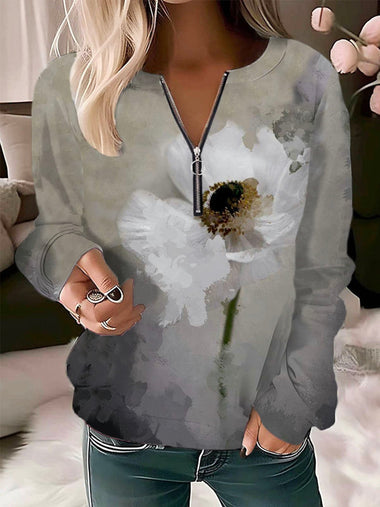 Loose Long Sleeve Crew Neck Floral Casual Regular Sweatshirt