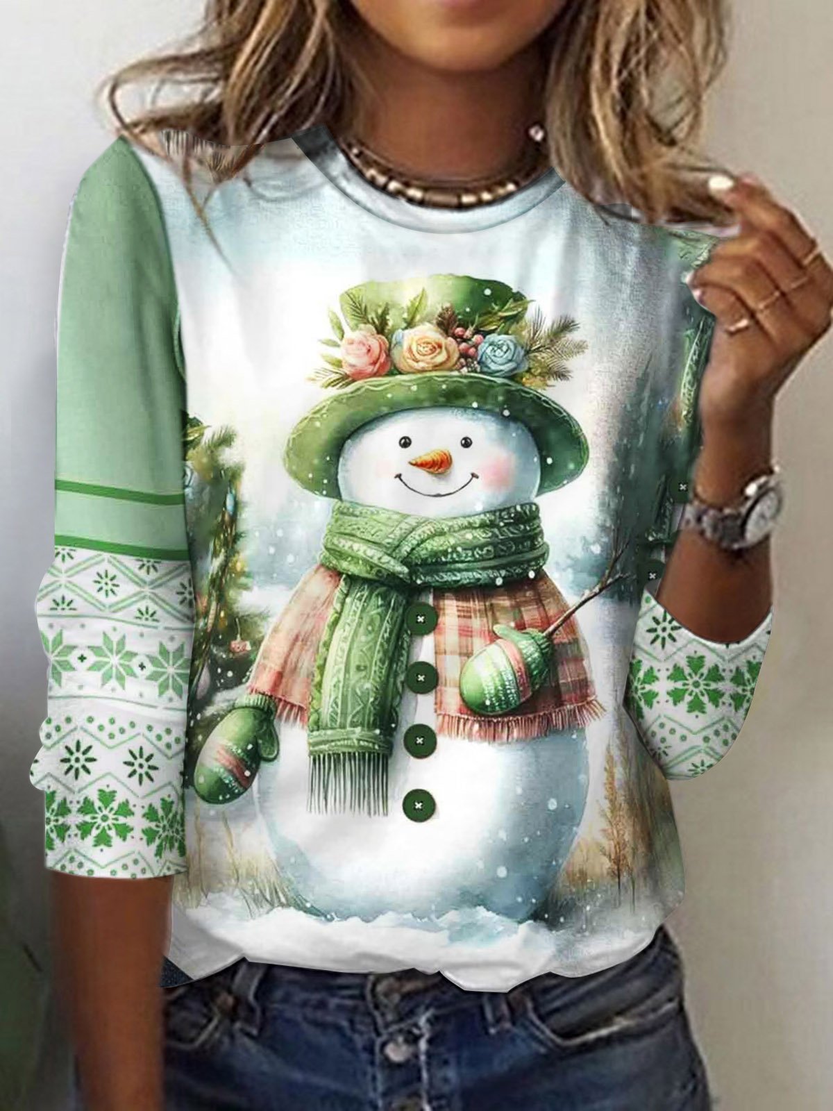Casual Long Sleeve Crew Neck Christmas Snowman Loose Regular T-Shirt