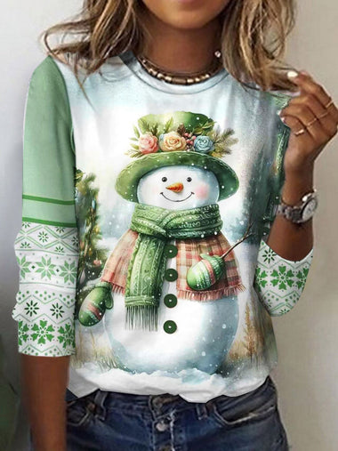 Casual Long Sleeve Crew Neck Christmas Snowman Loose Regular T-Shirt