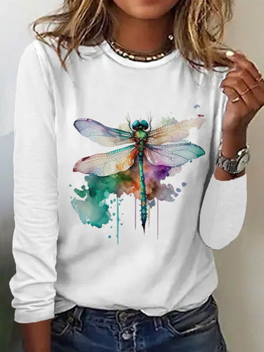 Casual Long Sleeve Crew Neck Dragonfly Loose Regular T-Shirt