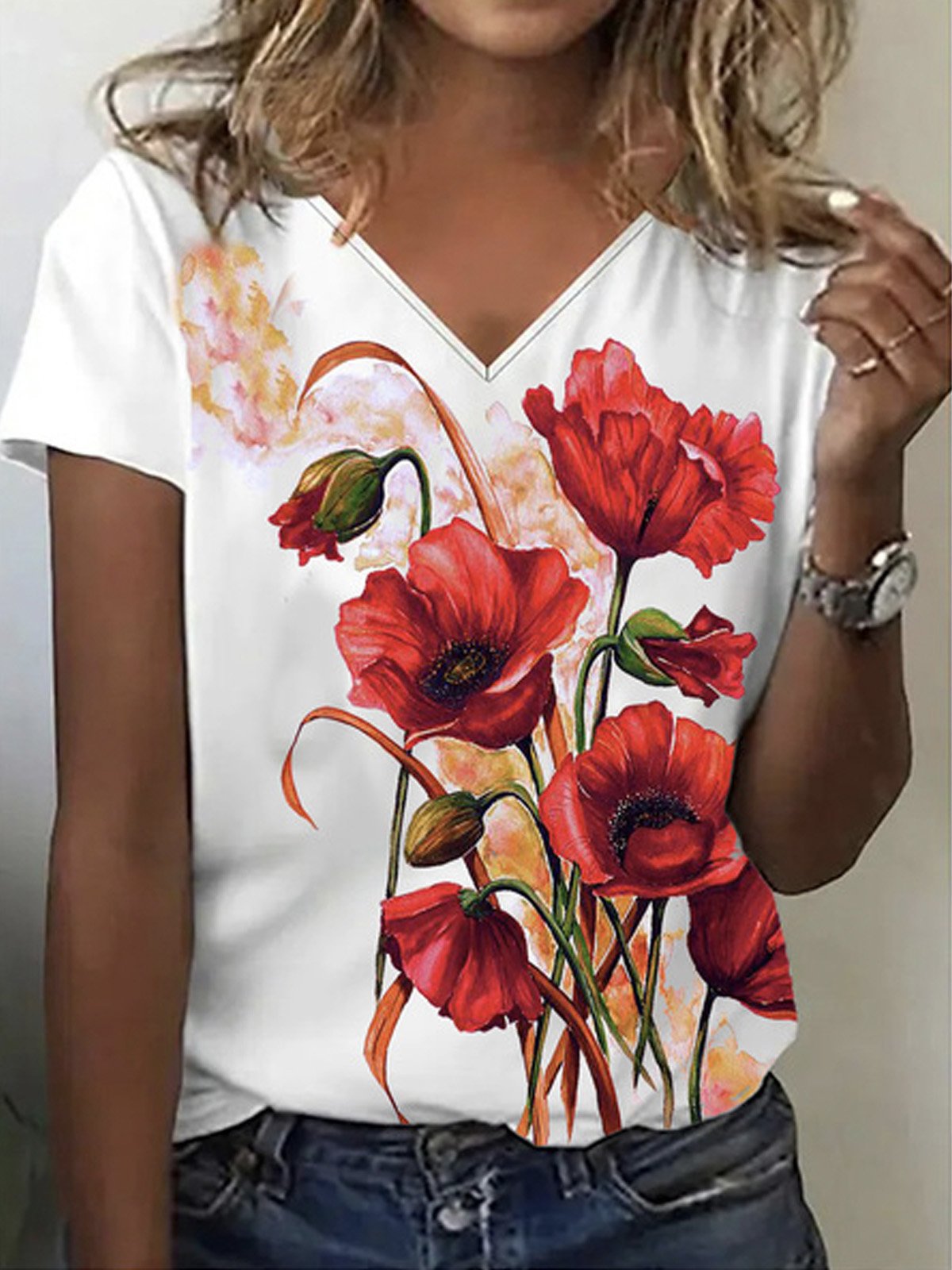 Loose Short Sleeve V Neck Floral Casual Regular T-Shirt