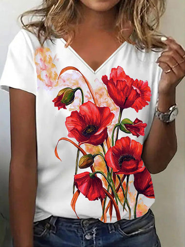 Loose Short Sleeve V Neck Floral Casual Regular T-Shirt