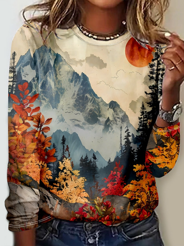 Long Sleeve Crew Neck Landscape Painting Casual Regular Blouse