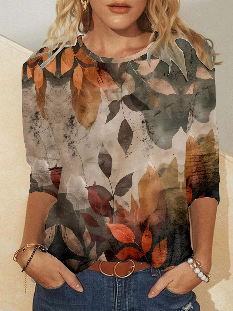 Casual Long Sleeve Crew Neck Leaf Loose Regular T-Shirt