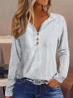 Casual Long Sleeve V Neck Striped Loose Regular T-Shirt