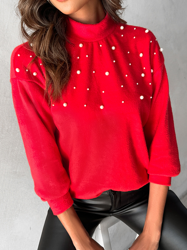 Loose Long Sleeve Turtleneck Plain Casual Regular Blouse