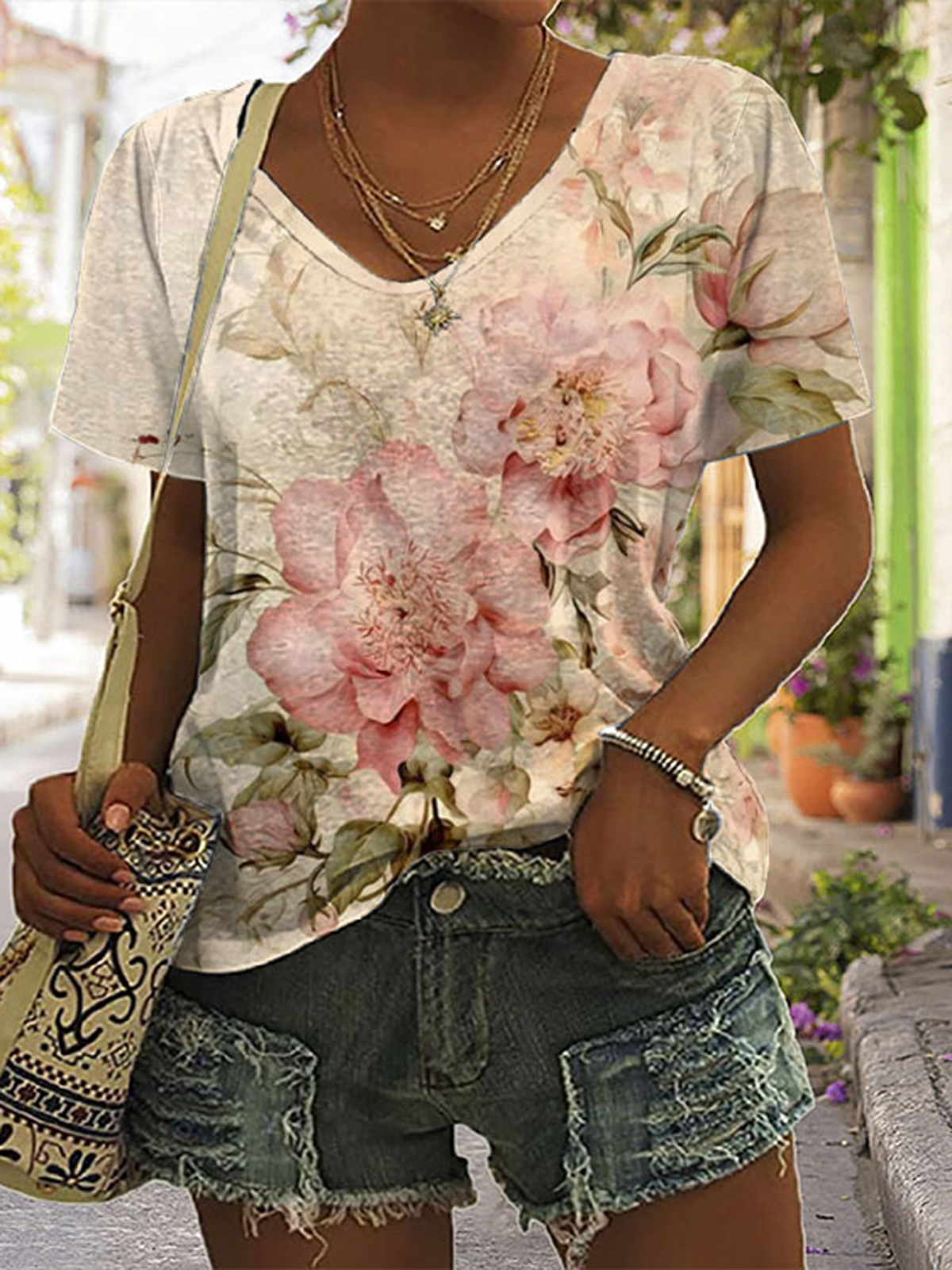Casual Short Sleeve V Neck Floral Loose Regular T-Shirt