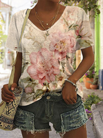Casual Short Sleeve V Neck Floral Loose Regular T-Shirt
