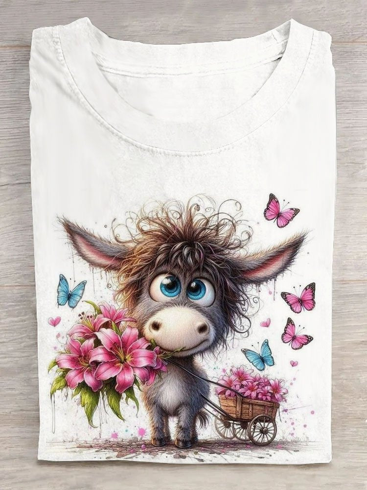 Casual Short Sleeve Crew Neck Horse Loose Regular T-Shirt