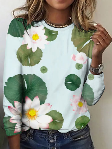 Casual Long Sleeve Crew Neck Floral Regular T-Shirt