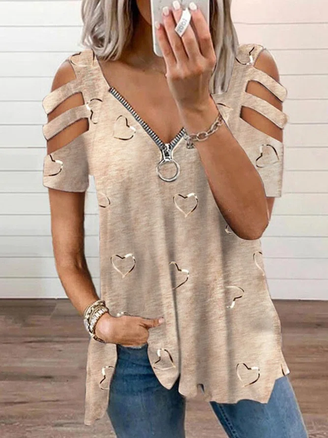 Short Sleeve V Neck Plain Casual Regular Blouse