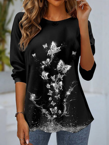Loose Long Sleeve Crew Neck Butterfly Casual Regular Blouse