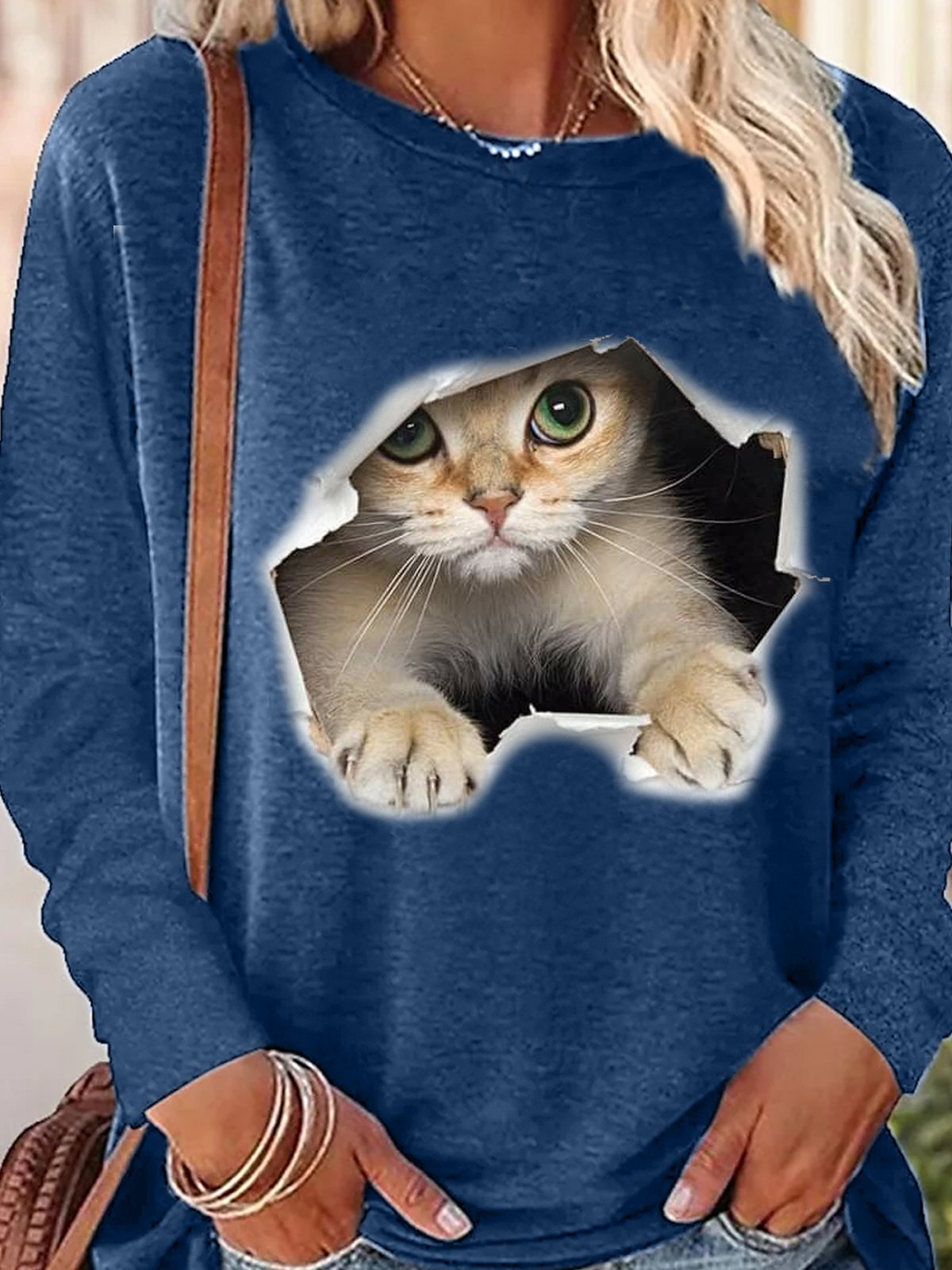 Long Sleeve Crew Neck Text Letters Casual Regular Blouse