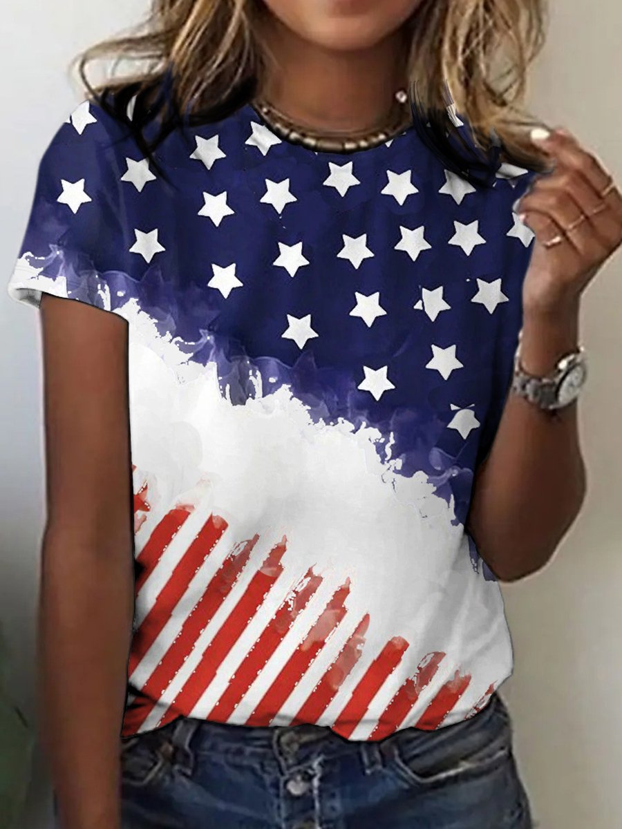 Short Sleeve Crew Neck America Flag Casual Regular T-Shirt
