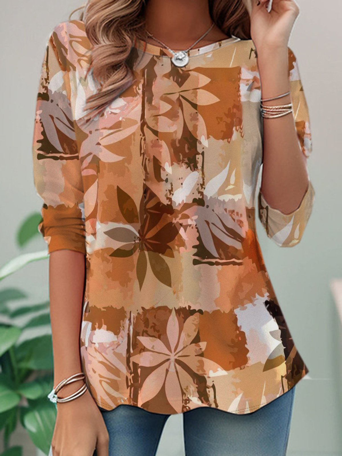 Casual Long Sleeve Crew Neck Leaf Loose Regular T-Shirt