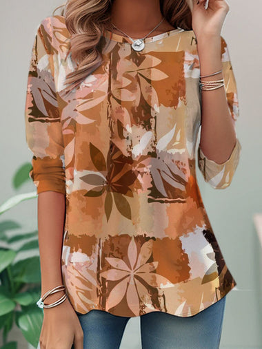 Casual Long Sleeve Crew Neck Leaf Loose Regular T-Shirt