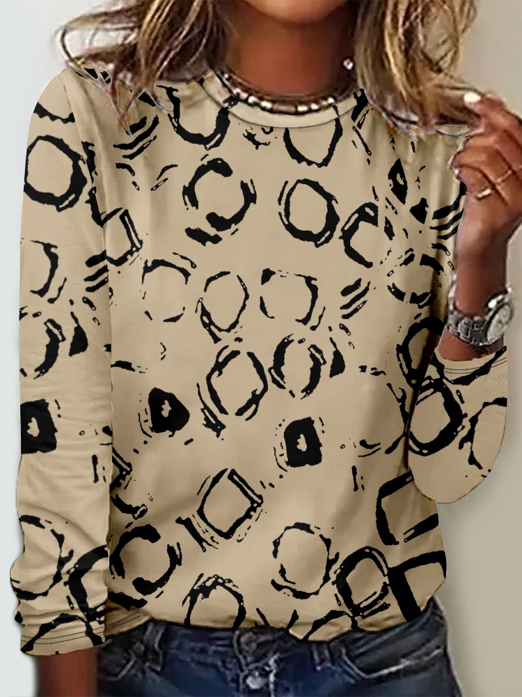 Loose Long Sleeve Crew Neck Geometric Casual Regular T-Shirt