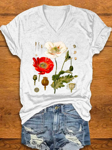 Casual Short Sleeve V Neck Floral Loose Regular T-Shirt