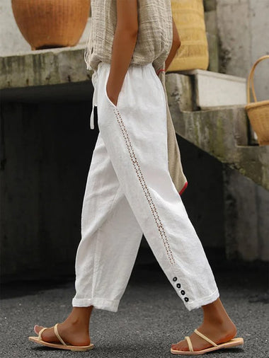 Casual Plain Hollow Out Split Joint Lace-Up Buckle Pocket Stitching Hollow Out Loose Long Pants