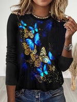 Loose Long Sleeve Crew Neck Butterfly Casual Regular T-Shirt