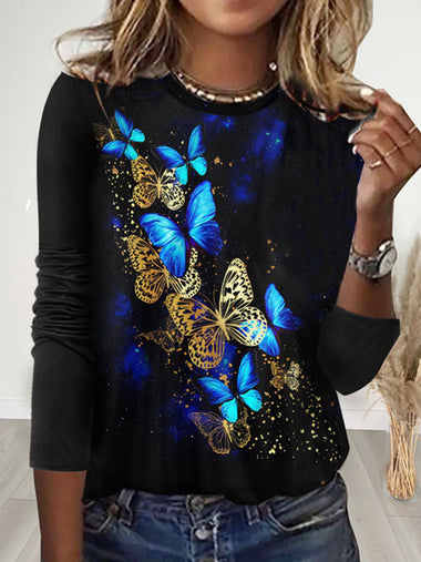 Loose Long Sleeve Crew Neck Butterfly Casual Regular T-Shirt