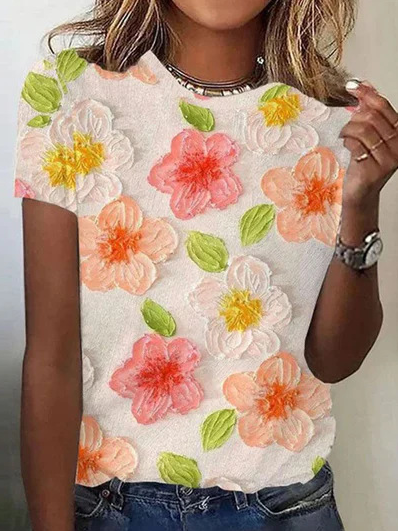 Casual Short Sleeve Crew Neck Floral Loose Regular T-Shirt