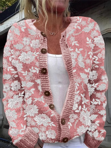 Loose Crew Neck Long Sleeve Floral Casual Regular Jacket