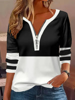 Casual Long Sleeve Crew Neck Color Block Loose Regular Blouse