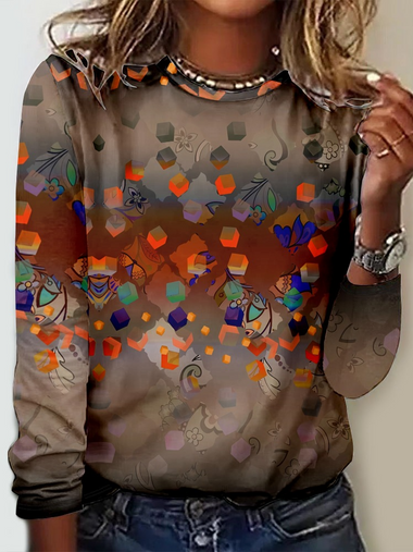 Loose Long Sleeve Crew Neck Geometric Casual Regular T-Shirt