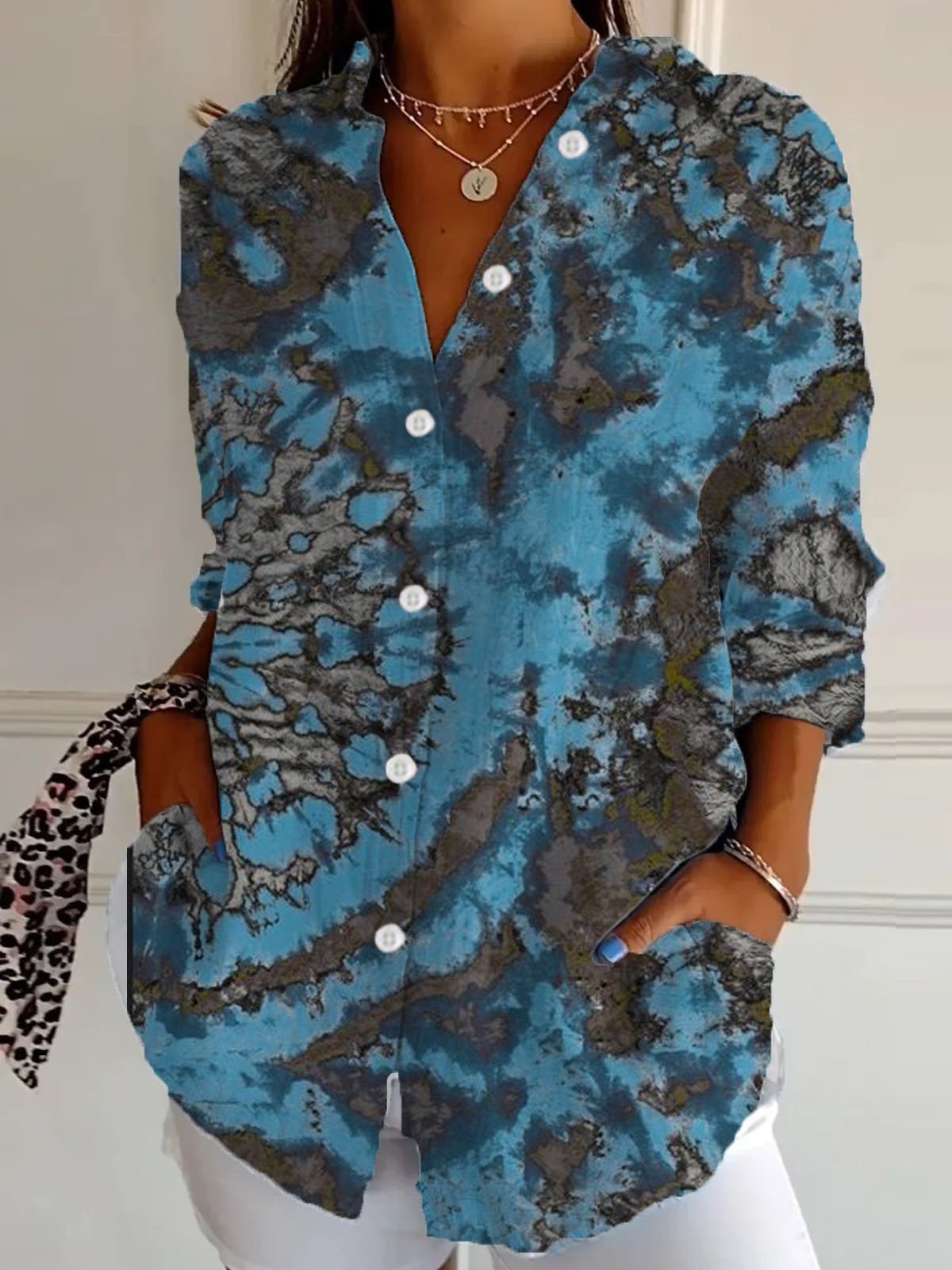 Casual Long Sleeve Shirt Collar Abstract Loose Regular Shirt