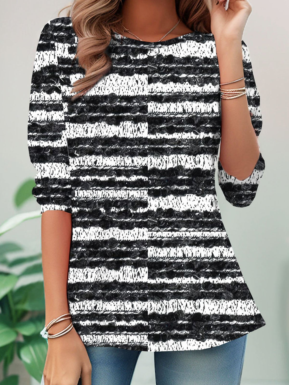 Casual Long Sleeve Crew Neck Geometric Loose Regular T-Shirt